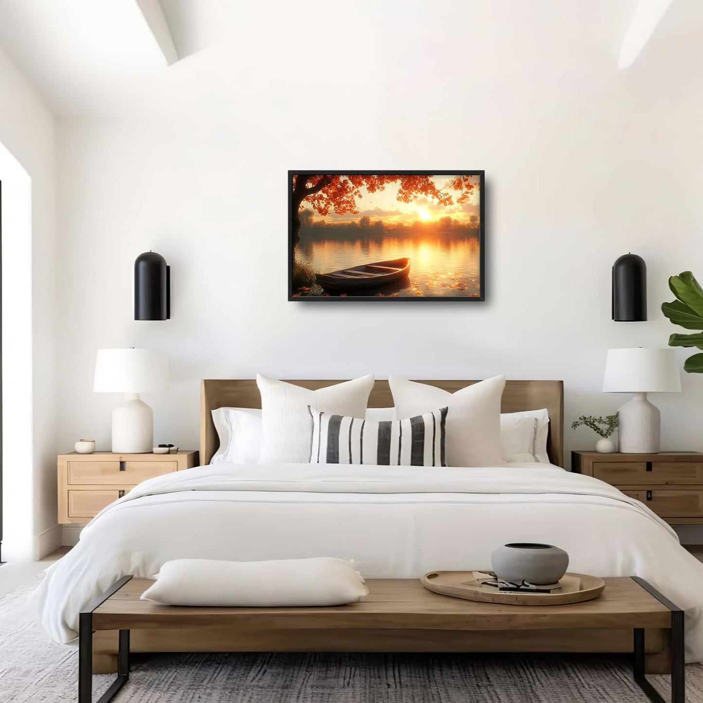 Large Lake Sunrise Landscape Wall Art for Living Room, Nature Boat Canvas Oversized Wall Decor, River Scenery Framed Pictures Painting Print Artwork for Bedroom Office 36"L x 24"W