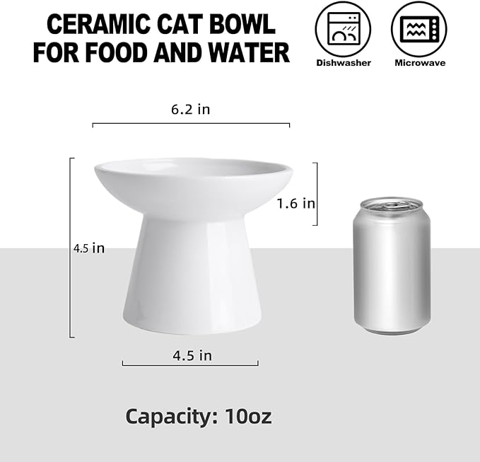 6.2 Inch Extra Wide Elevated Ceramic Cat Bowls, Food and Water Bowl Set for Elder Big Cats Small Dogs, Raised Design for Pet Easy Eating, Protect Cat's Spine Set of 2(White)