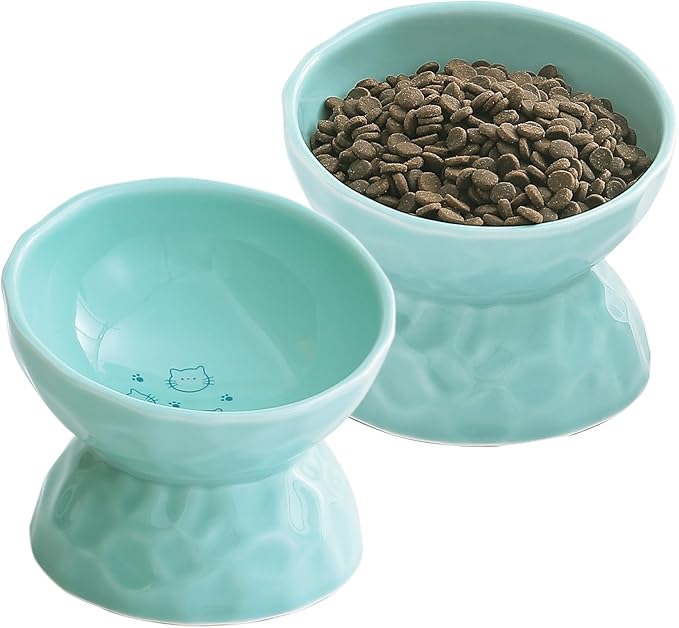OMAYKEY Ceramic Raised Cat Bowls, Tilted Elevated Cat Food and Water Bowl Set, Porcelain Stress Free Pet Feeder Dish for Cats and Small Dogs, Dishwasher and Microwave Safe,Green, Set of 2