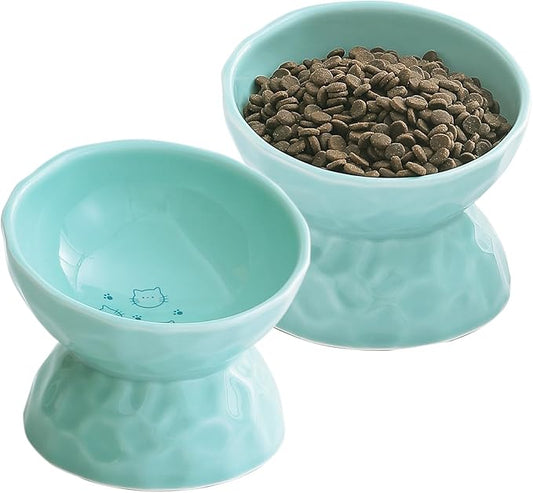 OMAYKEY Ceramic Raised Cat Bowls, Tilted Elevated Cat Food and Water Bowl Set, Porcelain Stress Free Pet Feeder Dish for Cats and Small Dogs, Dishwasher and Microwave Safe,Green, Set of 2