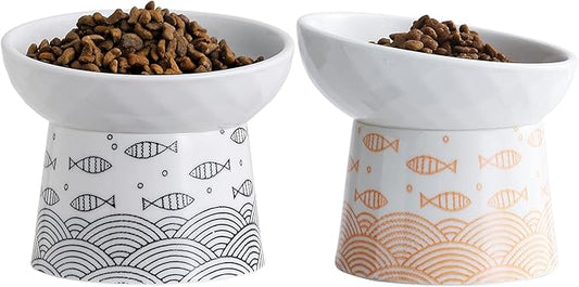 OMAYKEY Ceramic Raised Cat Bowls, Elevated Tilted Cat Food and Water Bowls Set, Porcelain Stress Free Pet Feeder Dish for Kitty Cats and Small Dogs, Dishwasher and Microwave Safe, Set of 2