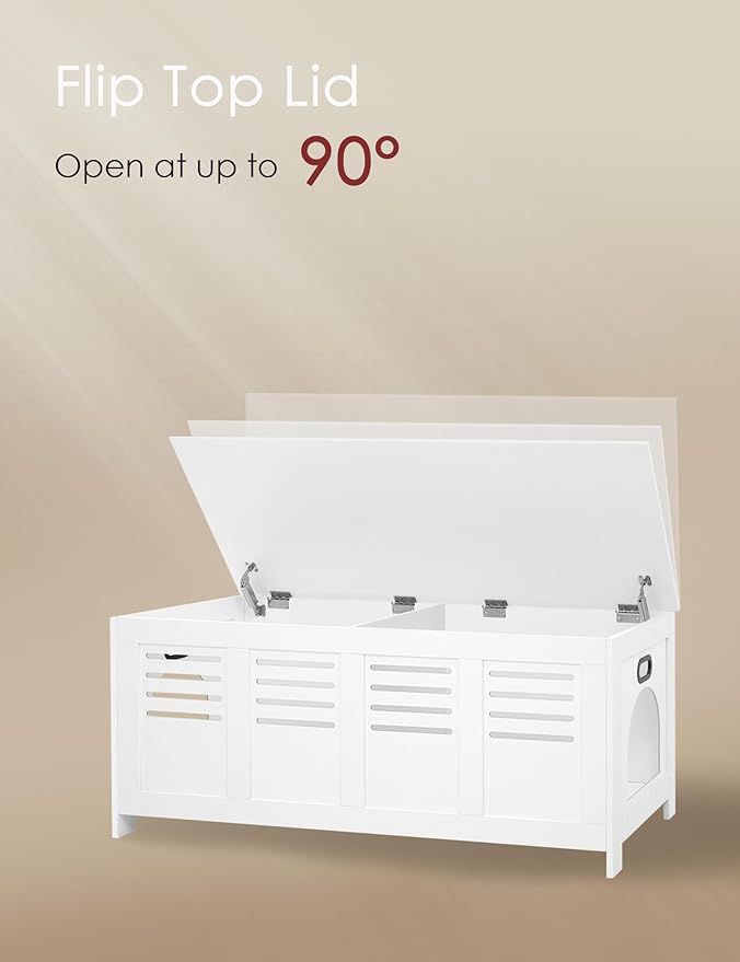 DINZI LVJ Litter Box Enclosure Furniture for 2 Cats, Top Opening Hidden Litter Box with Double Rooms, Dual Cat House with Good Ventilation, 47.2" Wooden Cat Washroom, White