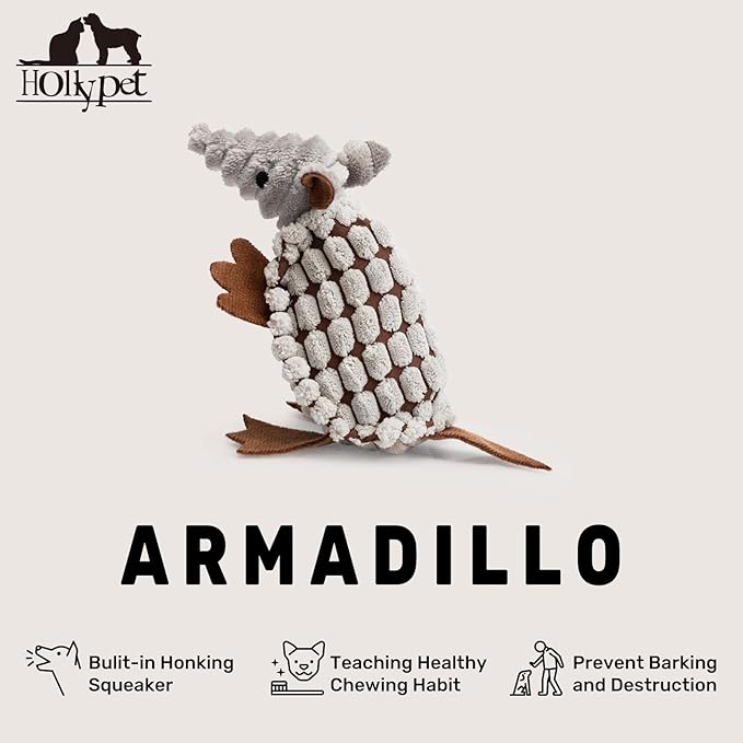 Hollypet Plush Dog Squeaky Toy Stuffed Armadillo Animal Pet Puppy Chew Toys with Clean Teeth for Small Medium Large All Breed Sizes Dogs, Gray, 6 in