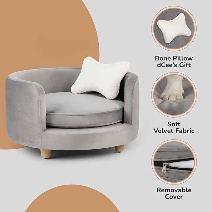 dCee Round Dogs Sofa - Cats Couch, Holds up to 50 Lbs, 24 in. Soft Velvety Pet Couch for Comfort Sleep, Joint Support, Dark Gray - Upgraded 2024