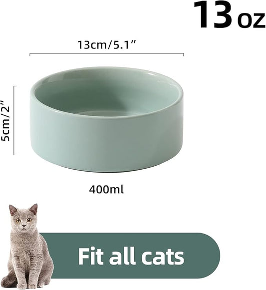 Ceramic Set of 2 Cat Bowls, Food and Water Bowls for Cats, Kitty, 2pcs Cat Dishes, Pet Feeder(5.1inch, 2 x Light Green Bowls)