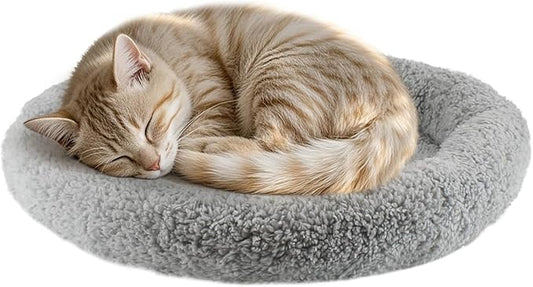 PETLESO Small Cat Bed Mat with Surrounding Pillow, 13.78" Round Soft Cushion for Cats Puppy Rabbits Curling Sleep, Indoor Furniture/Carrier/Crate Pet Self Warming Anti Skid Pad, Washable, Small