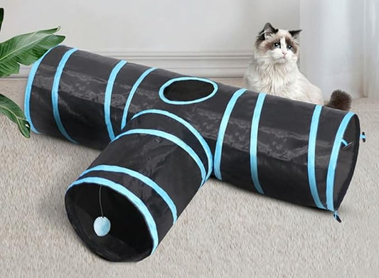 Foldable Cat Tunnels With Toy Ball - Indoor Play Tube for Large Cats, Kittens, and Rabbits (3 Way)