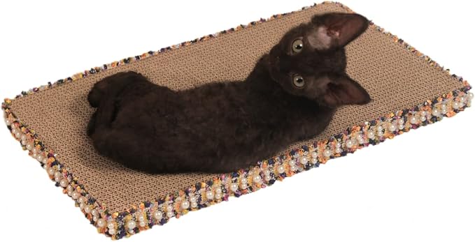 Navy Blue Cat Scratch Pad, Stylish Boho Lace with Pearl Large Cardboard Cat Scratcher, Cat Scratchers for Indoor Cats, Durable Cat Scratching Board, Horizontal Scratch Pad for Cats