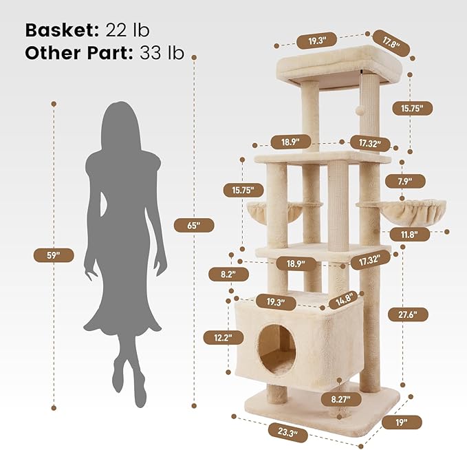Gardner Pet 65in Heavy Duty Cat Tree Tower for Large Cats, Multi-Level Cat Furniture with Replaceable Sisal Scratching Post, Hammock | Extra-Large Platform & Condo (Upgraded Beige)