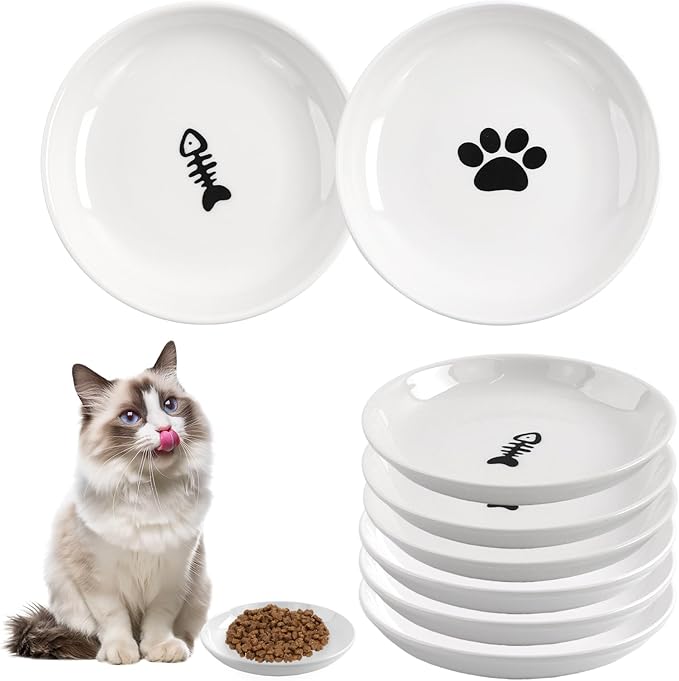 6 Pack Cat Food Bowl, Ceramic Cat Bowls, Anti Whisker Fatigue Cats Bowl Set,5.5 Inches Shallow Wide Kitten Plates for Food and Water (Cat's Paw+Fishbone)
