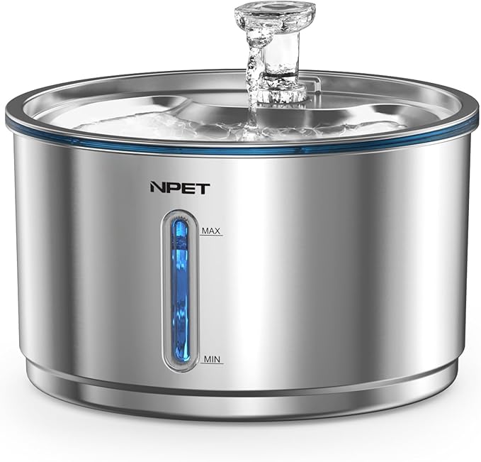 NPET Stainless Steel Cat Water Fountain, 1Gallon/135oz Automatic Pet Drinking Fountain Dog Water Dispenser Bowl with Water Level Window for Cats Indoor - WF210plus