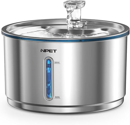 NPET Stainless Steel Cat Water Fountain, 1Gallon/135oz Automatic Pet Drinking Fountain Dog Water Dispenser Bowl with Water Level Window for Cats Indoor - WF210plus