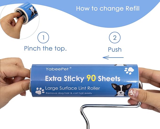 Extreme Sticky Large Surface Lint Roller, 6.3'' Giant Pet Hair Remover Roller for Pet Dog Cat Hair, Clothes&Furniture Cleaning, 90 Sheets (1 Roller + 2 Refills)