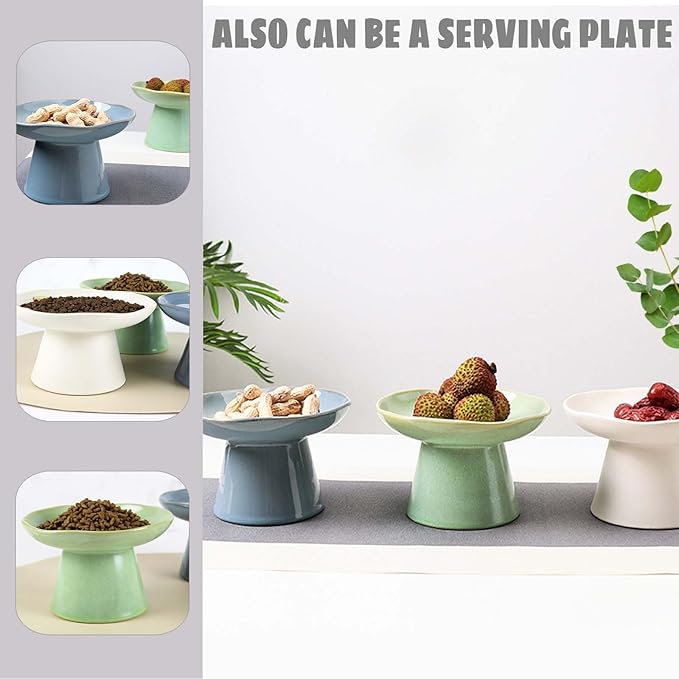 Extra Wide 6.1" Ceramic Raised Cat Food Bowl, Shallow Elevated Pet Feeder for Food Feeding, Anti Vomiting Whisker Fatigue Bowls for Cat Puppy, Blue