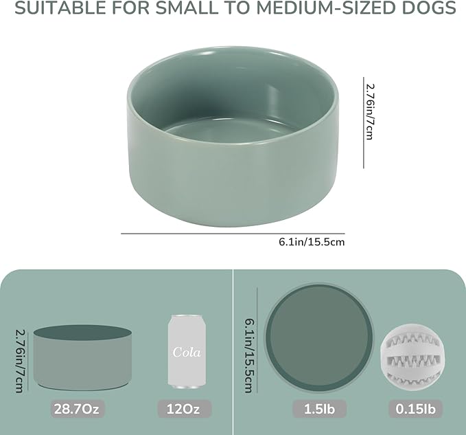 SPUNKYJUNKY 28.7OZ Ceramic Dog and Cat Bowl, Modern Cute Weighted Food Water Bowl for Replacement Morandi Green (1 Pack)