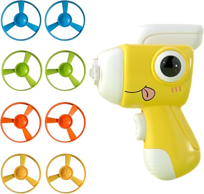 Dinosaur Frisbee Gun - The Ultimate Cat Interactive Toy (Yellow)，Making a cat Fly，Cat Toy Gun，Cat Frisbee Launcher，Cat Fetch Toy with Colorful Flying Propellers Set
