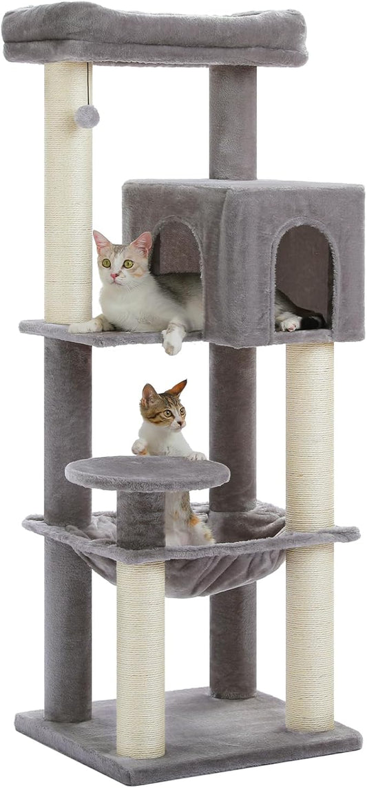 Large Cat Tree for Indoor Cats Large Adult, 57.8" Heavy Duty Cat Tower with Reinforced Scratching Posts (φ3.7in) and Plush Larger Hammock for Maine Coon & Big Cats, Supports 30lbs, Grey