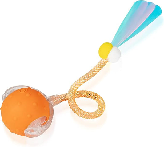 Interactive Cat Toys Ball for Indoor Cats, Automatic Moving Ball Toy with Elastic Mesh Tail, Chirping & Obstacle Avoidance and Motion Activated, Orange【Rechargeable】