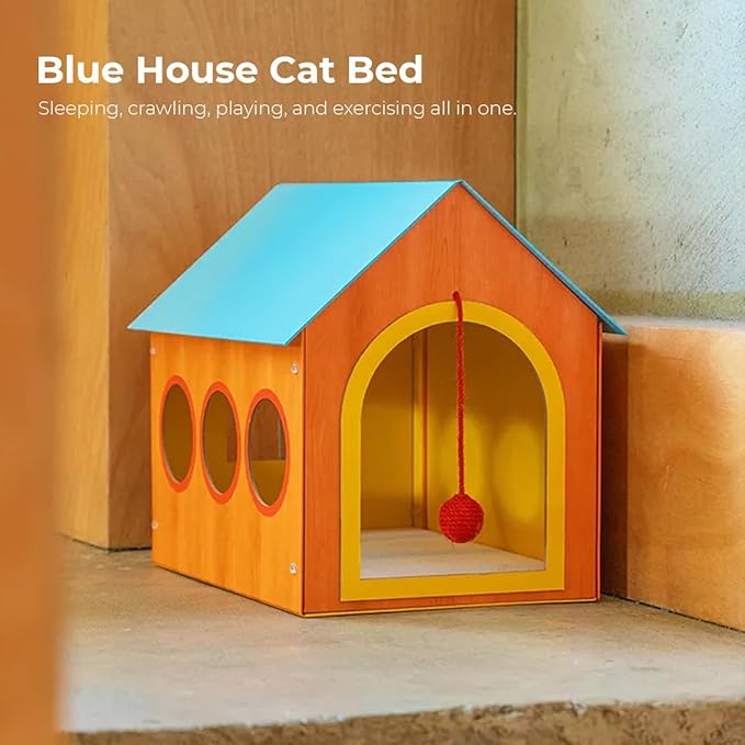 Blue Roof Cat House, Indoor Cardboard Cat Bed with Windows and Hanging Toy Ball, Cozy Cat Condo Hideaway for Kittens and Small Cats