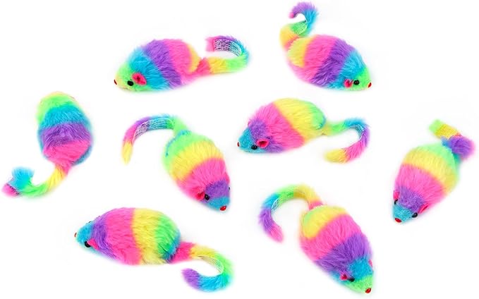 CHIWAVA 24PCS 2.8" Rainbow Color Furry Cat Toy Mice with Rattle Kitten Mouse Interactive Play