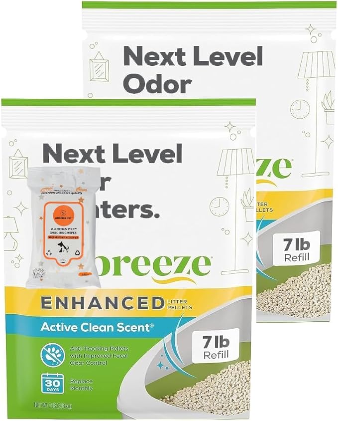 Aurora Pet Bundle (2) Tidy Cat Breeze Enhanced Active Clean Scent Cat Litter Pellets, Refill 7 lb with Aurora Pet Wipes
