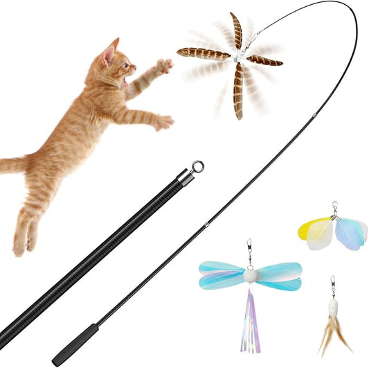 uahpet Natural Feather Cat Toys for Indoor Cats Retractable Kitten Wand 60inch Safe Hunting Distance Interactive Toys for Kittens with 4Pcs Senses Replacement Teasers Arouse Desire to Hunt