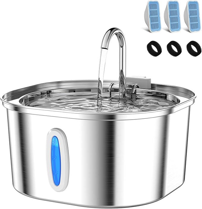 Cat Water Fountain - 3.2L/108oz Stainless Steel Pet Water Drinking Fountain for Cats Indoor, Dog Water Fountain with Water Level Window and 3 Filters + 3 Sponges