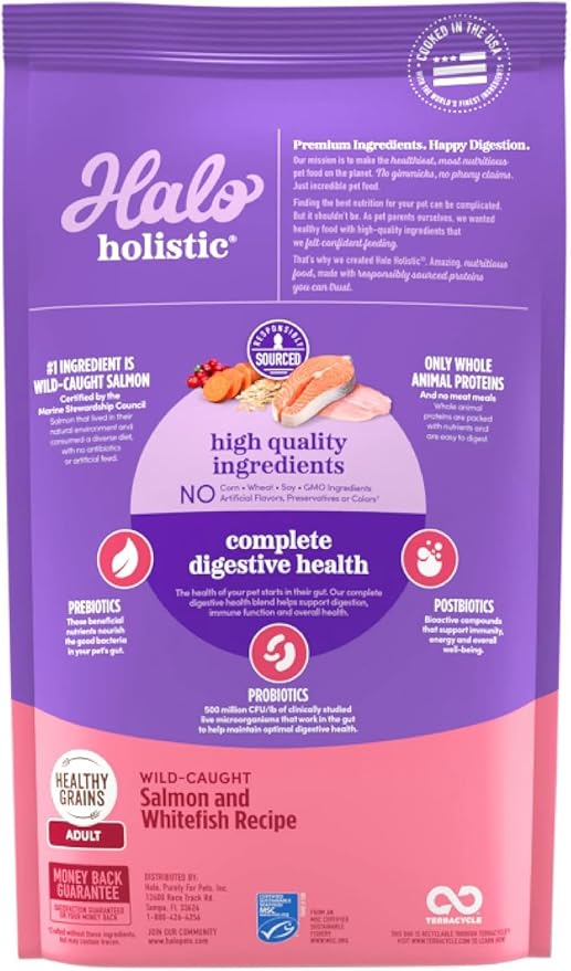 Halo Holistic Cat Food Wild Caught Salmon & Whitefish Formula, Healthy Grains Dry Cat Food, Complete Digestive Health, Kibble for Adult Cats, 6 lb Bag