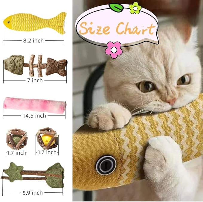 Natural Cat Toys Set with Catnip Fish & Bone,Catnip Plush Toy & Natural Silvervine Stick Cage Balls & cat nip for Cats Lolipop, 8-Piece cat Toys for Indoor Cats Interactive Pet Toys
