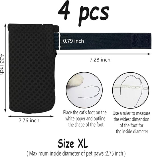 4 PCS Cat Mittens to Prevent Scratching,Mesh Breathable Cat Shoes,Adjustable Cats Anti Scratch Gloves,Suitable for Cats When Bathing and Nail Trimming(XL,Black)
