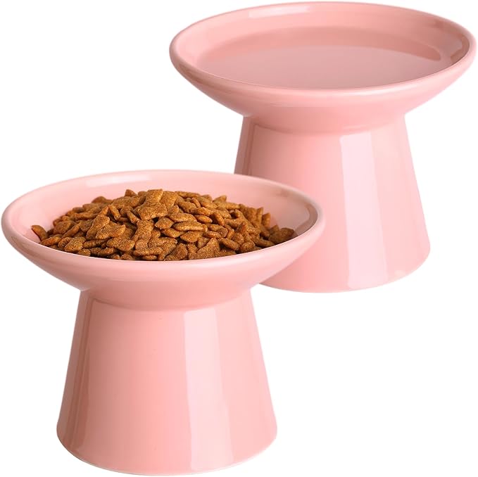 6.2 Inch Extra Wide Elevated Ceramic Cat Bowls, Food and Water Bowl Set for Elder Big Cats Small Dogs, Raised Design for Pet Easy Eating, Protect Cat's Spine Set of 2(Pink)