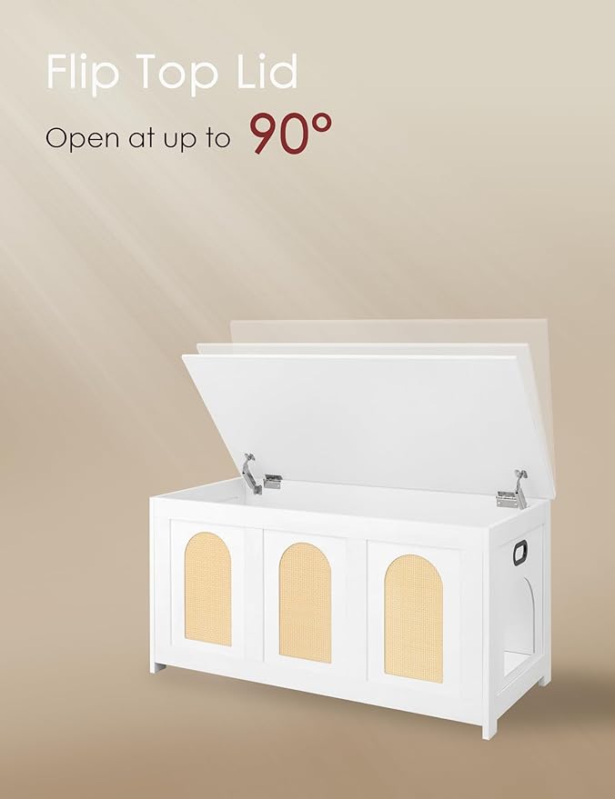 DINZI LVJ Cat Litter Box Enclosure, Flip Top Litter Box Furniture, Rattan-Like Hidden Cat Washroom, Wooden Pet House, End Side Table, 39.4" L x 19.7" W x 19.7" H, Easy to Assemble, White with Rattan