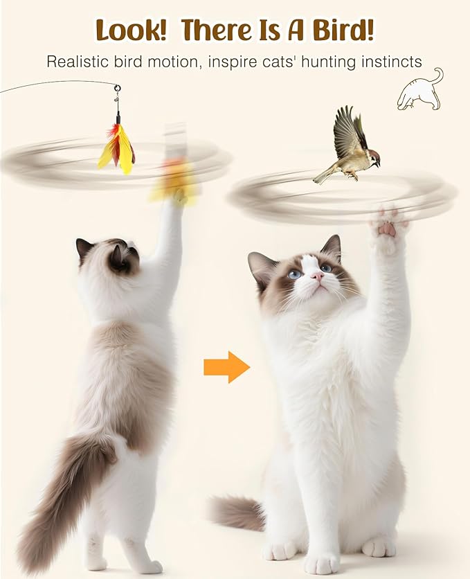 Pawaboo Feather Teaser Cat Toy, Interactive Feather Wand Cats Toy Flying Feathers Cat Catcher with Extra Long 34.5" Wand and Small Bell, Exerciser Playing Toys for Kitten or Cats, Yellow + Red Brown