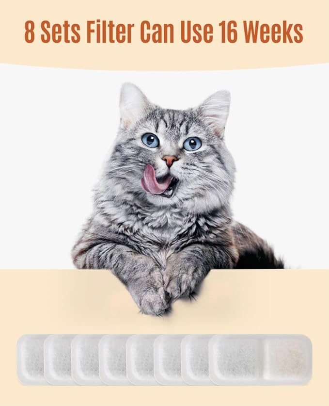 oneisall 8 Pack Replacement Filters for PWF-001 2L/67oz Cat Water Fountain Stainless Steel Water Fountain for Cats Inside, 3 Filtration System