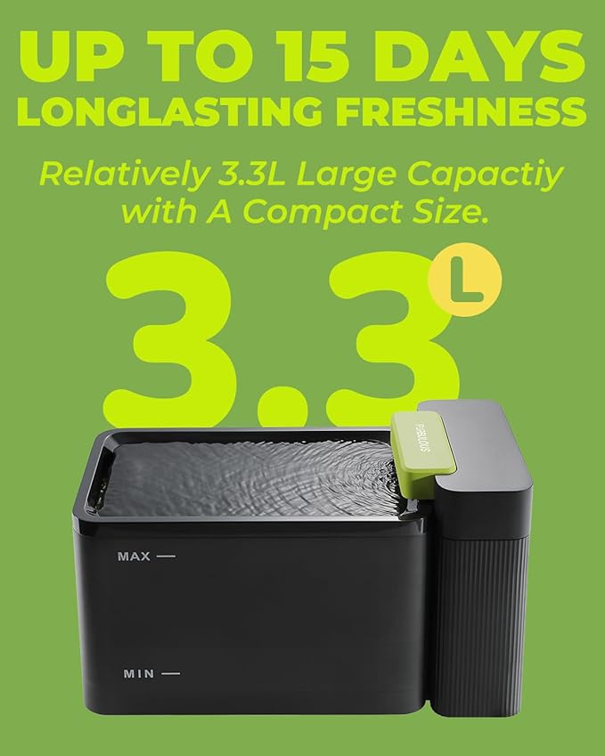 Furbulous True Clean-Drinking Automatic Water Dispenser with Ultrafiltration Tech, 316 Stainless Steel & BPA-Free Trays, 3.3L/112oz Large Bowl, Two-Mode Quiet Fountain for Cat/Medium Dog/Pet (Black)