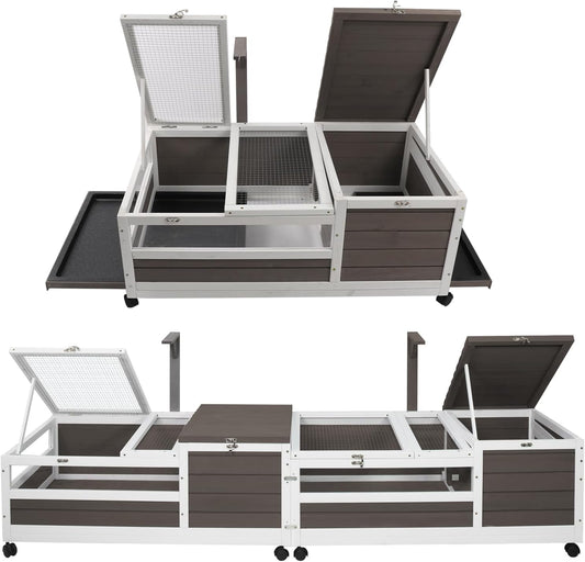 Tortoise Habitat Wooden Tortoise House, Indoor Turtle Enclosure Outdoor Reptile Cage with Removable Bottom, Light Support, Openable Roof (Double Habitat, Leakproof Tray)