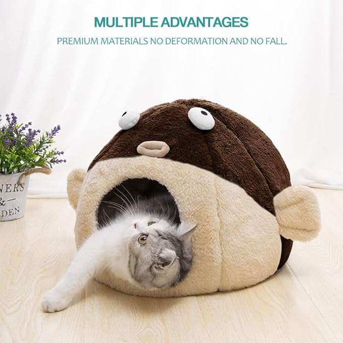 Cat Beds for Indoor Cats - Cat Bed Cave with Removable Washable Cushioned Pillow, Soft Plush Premium Cotton No Deformation Pet Bed, Lively Pufferfish Cat House Design, Brown, Multiple Sizes(L)