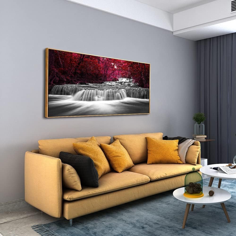 Lasdel Natural Extra Framed Canvas Wall Art of Wide Waterfall & Red Leaves Picture For Bedroom,Burgundy Nature Black White Artwork Decor,Beautiful Maple Leaves Landscape Print Painting,30x60