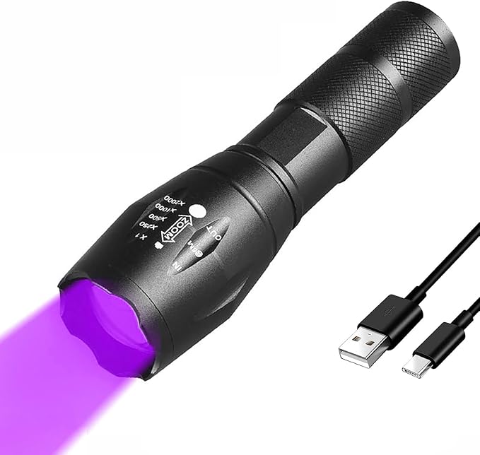 UV 395nm Flashlight USB Rechargeable, Blacklight Flashlight, LED Torch with White and Ultraviolet Light Combo, Black Light Pet Urine Detector for Dog Cat Pee, AC Leak, Scorpions, Rocks, Resin