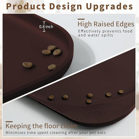 Silicone Pet Feeding Mat with Raised Edge & Residue Collection Pocket for Food and Water, Dog Bowl Mats, Cat Bowls Placemat with High Lip for Floor Waterproof, 24 x 16 x 0.8 Dark Brown