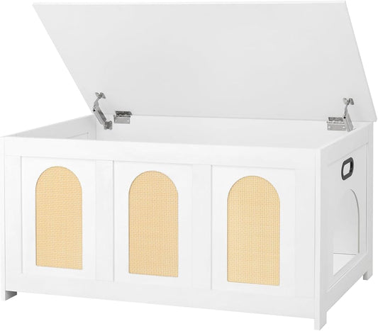 DINZI LVJ Cat Litter Box Enclosure, Flip Top Litter Box Furniture, Rattan-Like Hidden Cat Washroom, Wooden Pet House, End Side Table, 39.4" L x 19.7" W x 19.7" H, Easy to Assemble, White with Rattan