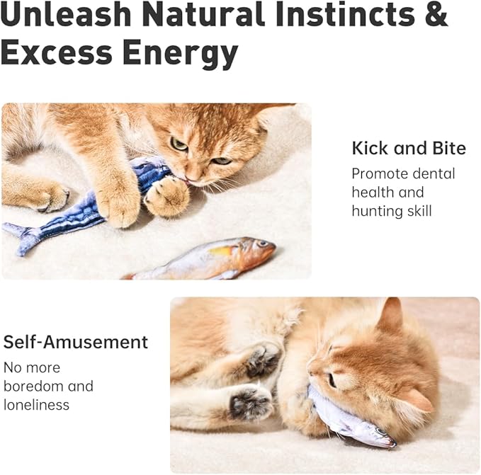 Bite-Sized Realistic Flopping Fish Cat Toys, 3 Pack, Interactive Cat Toys for All Breeds, Tap-Activated 3 Flapping Mode, Sardine/Saury/Yellow Croaker, 7.1 Inches, with Catnip, Rechargeable