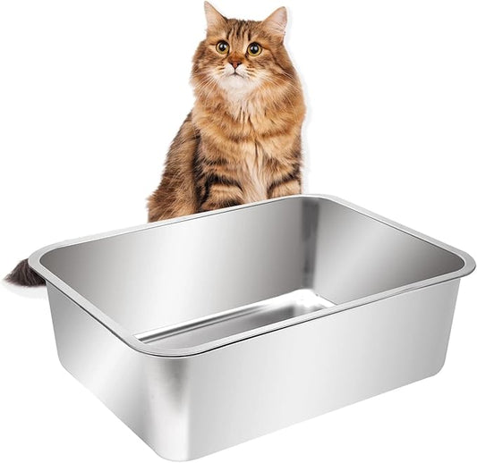 Kichwit Extra Large Stainless Steel Open Cat Litter Box with High Sides, Metal Litter Pan for Cat, 23.6 x 15.7 x 5.9 Inches
