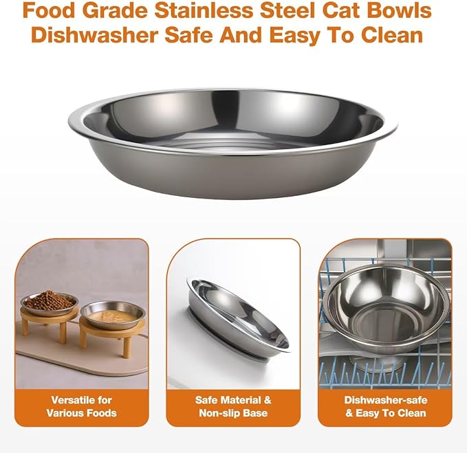 Elevated Cat Bowls with Food Mat,6.3 Inches Shallow Raised Bowls Whisker Friendly,2 Stainless Steel Cat Food and Water Dishes for Cats and Puppies,Dishwasher Safe