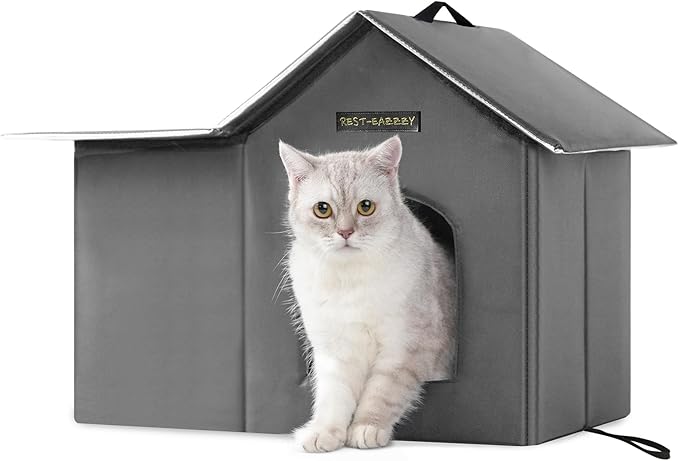 Rest-Eazzzy Cat House for Indoor and Outdoor in Summer,Feral Cat House Insulated with Mat,Clip and portable handle,Weatherproof and easy Installation,Bed for Kitten and Puppie,Never Blow Away(Grey, M)