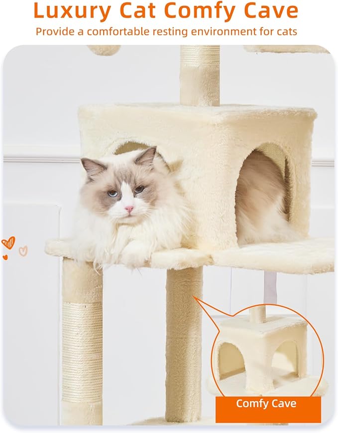 Taoqimiao Cat Tree, 68-Inch Cat Tree Cat Tower for Indoor Cats, Plush Multi-Level Cat Condo with 6 Scratching Posts, 2 Perches, 2 Caves,Hammock, 3 Pompoms,MS020SM Beige