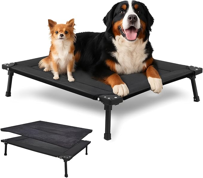 Pozico Elevated Outdoor Dog Bed - Foldable Cooling Dog Cot with Metal Frame, Portable Camping Pet Bed for Large & Medium Dogs, Breathable Mesh for Indoor & Outdoor Use, Black - XL
