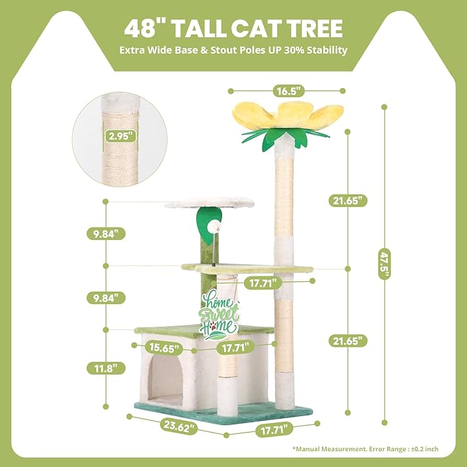 HYABi 47.5-Inch Avocado Cat Tree Tower - Cute Garden Cat Condo with Multi-Level Activity Platform, Scratching Posts & Plush Ball, Perfect for Indoor Kittens