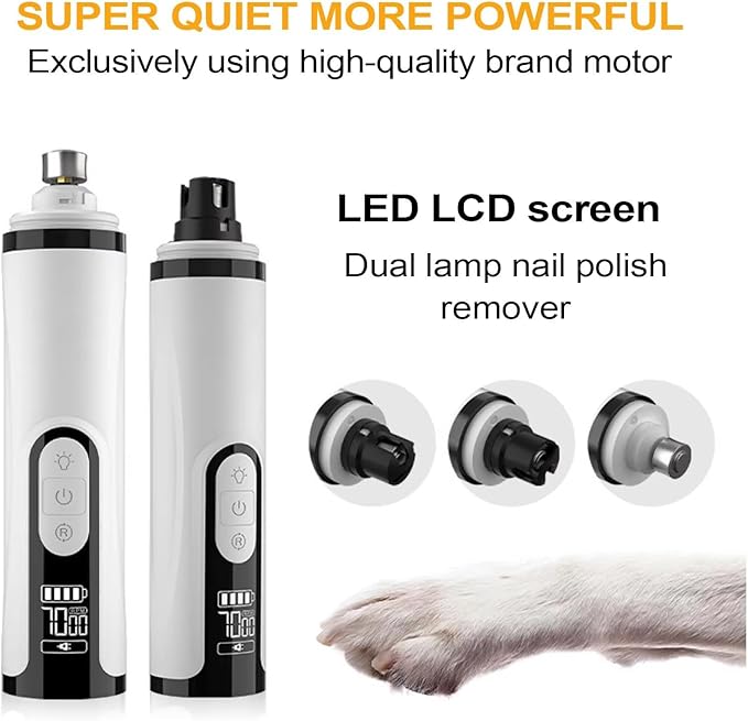 Upgrade Heusom Groom Pro Nail Grinder Cordless with LED Light & 3 Speeds, Dog Cat Nail Trimmer 2000mAh Long-Lasting Battery for Thick Nails for Dogs and Cats (1 Pc+2 Heads)