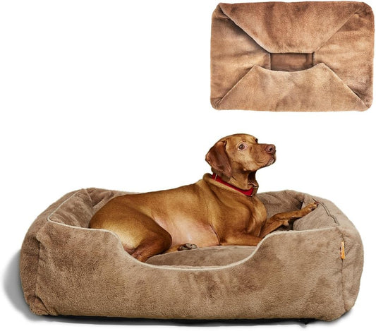 FUZI Luxury Aesthetic Dog Bed with Extra Cover for Large Dogs, Washable Pet Couch, Pet Bed with Sides, Non-Slip Bottom, Soft & Durable Calming Dog Bed, Faux Rabbit Fur, Large 35.6x28.5x9.5 Light Brown
